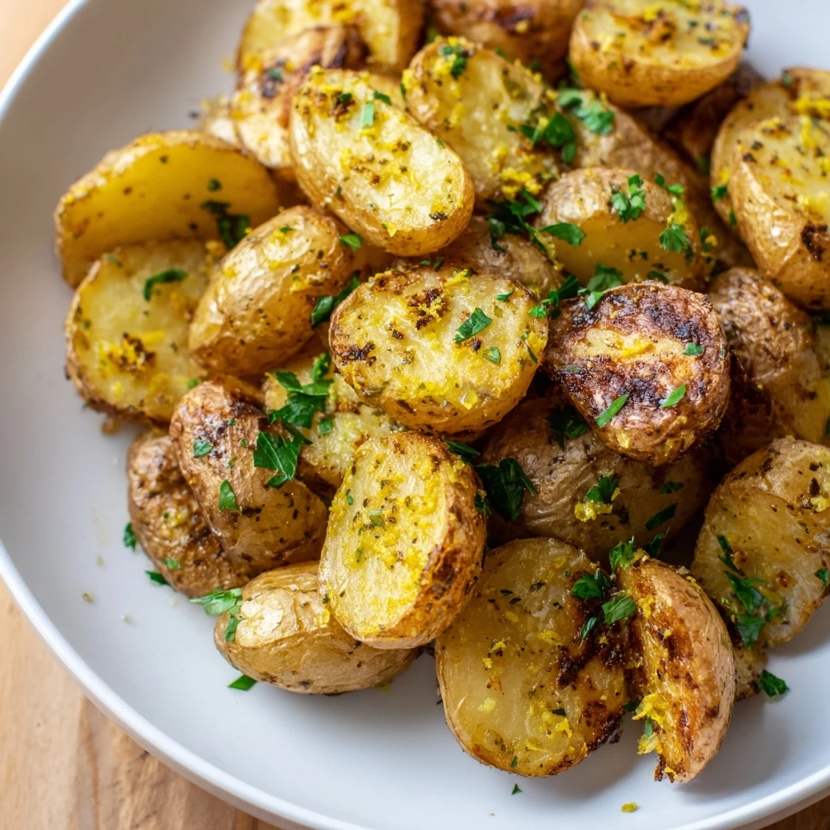 Golden, crispy Lemon Garlic Roasted Potatoes, seasoned with herbs, a vibrant side served with lemon wedges.