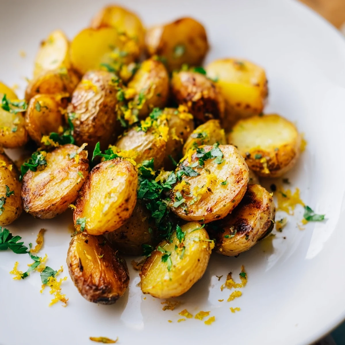Tender baby potatoes, coated in lemon garlic marinade, roasting to perfection in a hot oven.