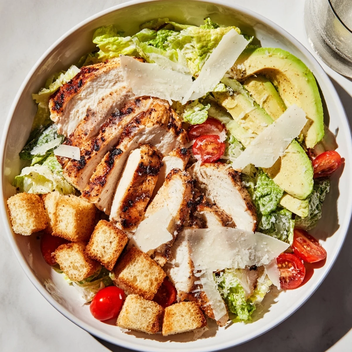 Juicy grilled chicken slices atop a vibrant Chicken Caesar Salad with Avocado, ready to be enjoyed.