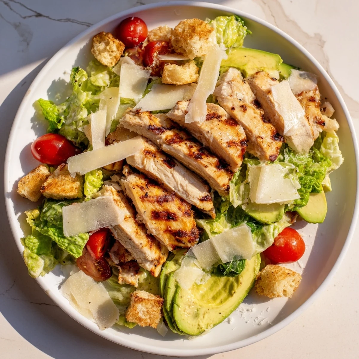Creamy avocado and Parmesan cheese complement this fresh Chicken Caesar Salad, a satisfying gluten-free meal.