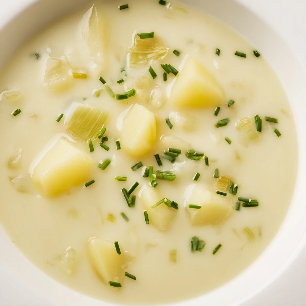 A warm bowl of creamy potato and leek soup, garnished and ready to be served.