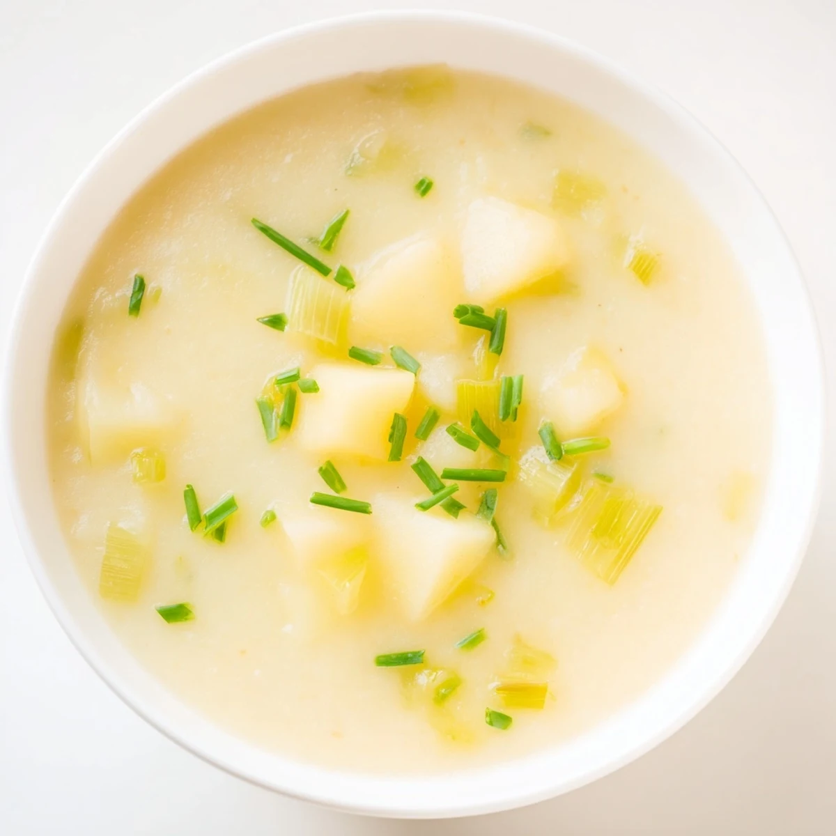 Close-up of a steaming bowl filled with creamy potato and leek soup, a French classic.