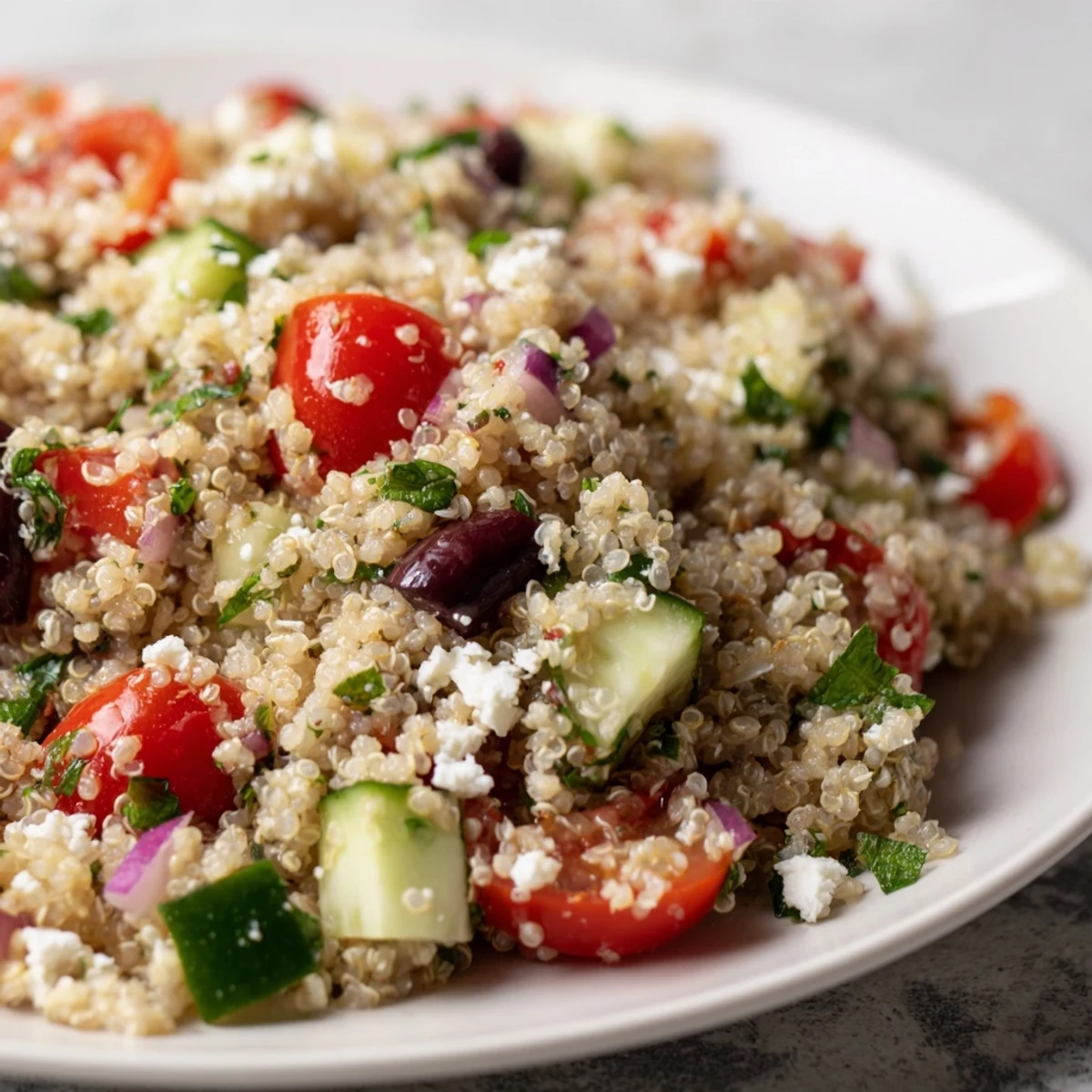 Mediterranean Quinoa Salad with Lemon shows colorful chopped veggies mingling with fluffy quinoa and a bright citrus dressing.