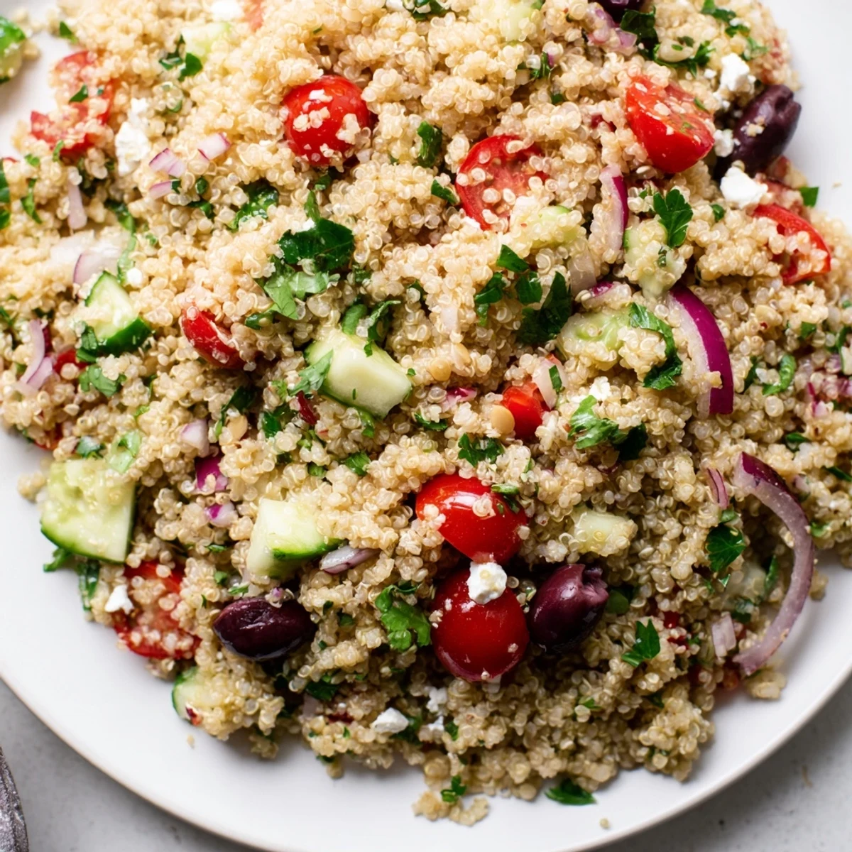 Savory Mediterranean Quinoa Salad with Lemon: A refreshing, flavorful salad ready to enjoy for lunch or dinner.