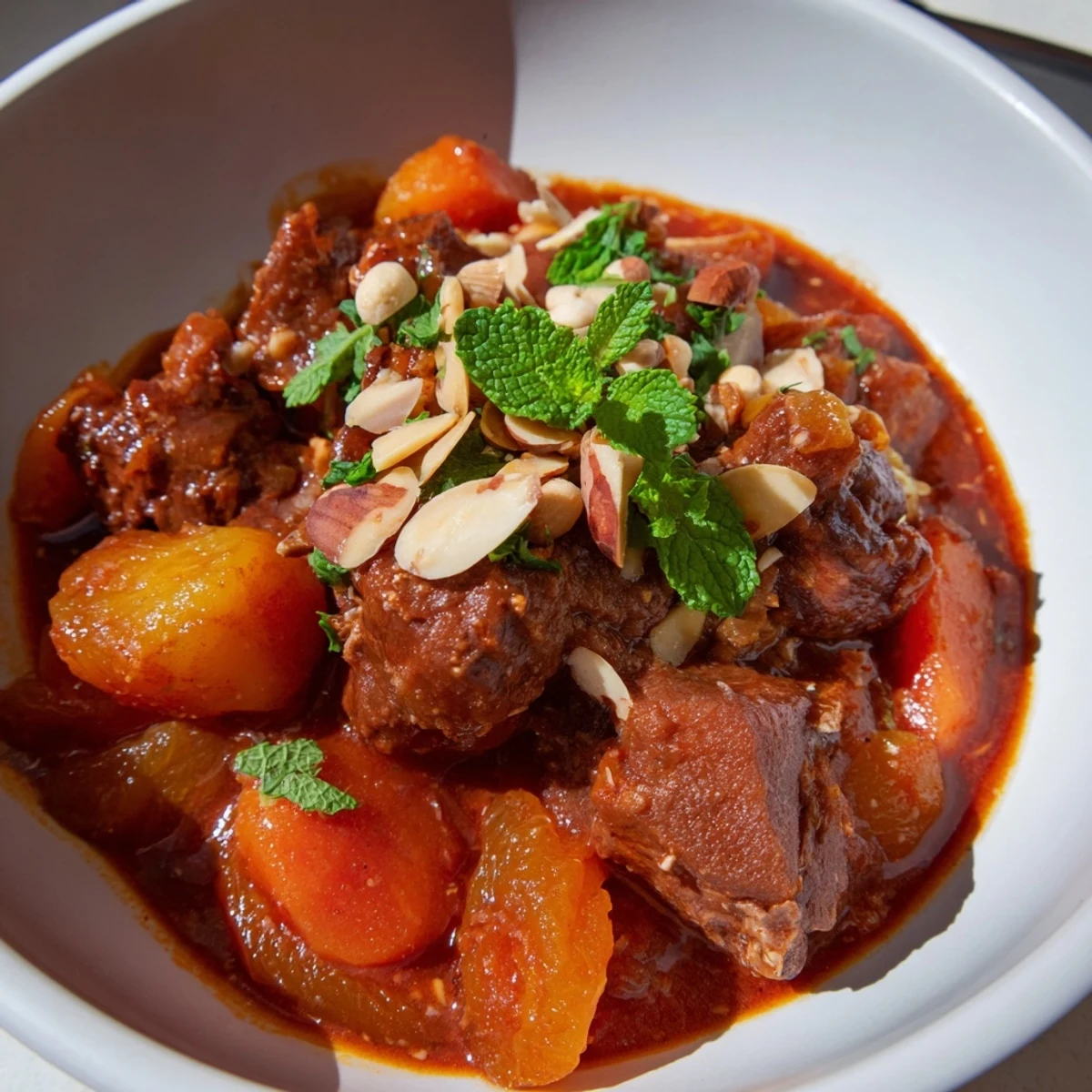 Freshly prepared Slow Cooker Moroccan Lamb Tagine with Apricots featuring tender meat, stewed carrots, and toasted almonds garnish.
