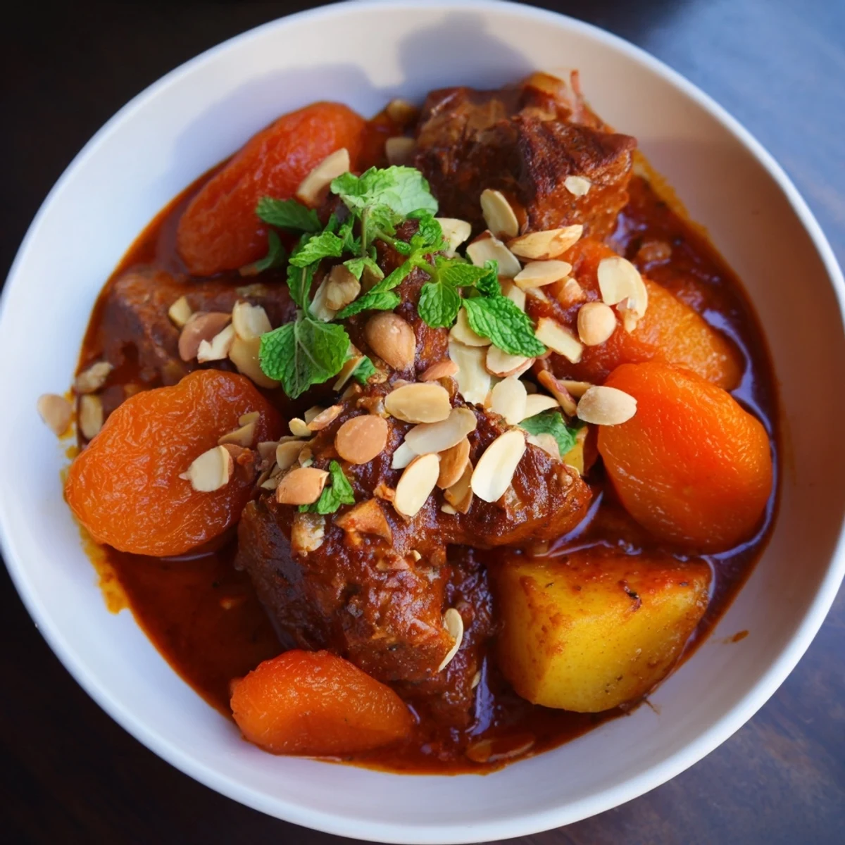 Hearty Slow Cooker Moroccan Lamb Tagine with Apricots revealing soft apricots and spices in a rich, slow-cooked stew sauce.