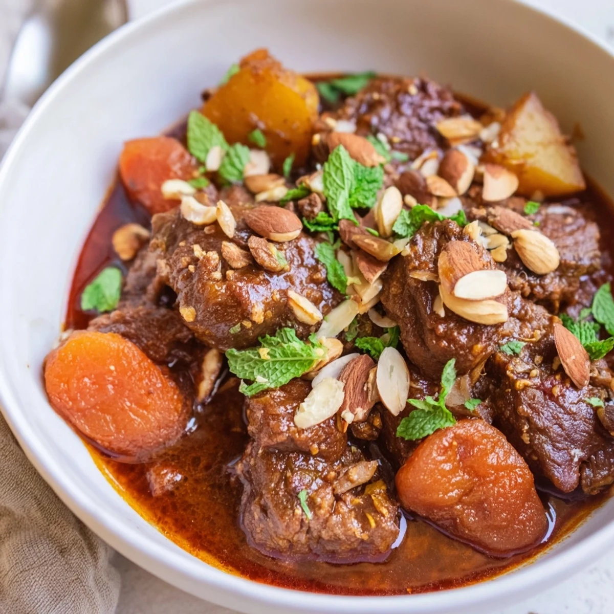 Savory Slow Cooker Moroccan Lamb Tagine with Apricots served warm in a rustic dish, garnished with fresh cilantro and mint.