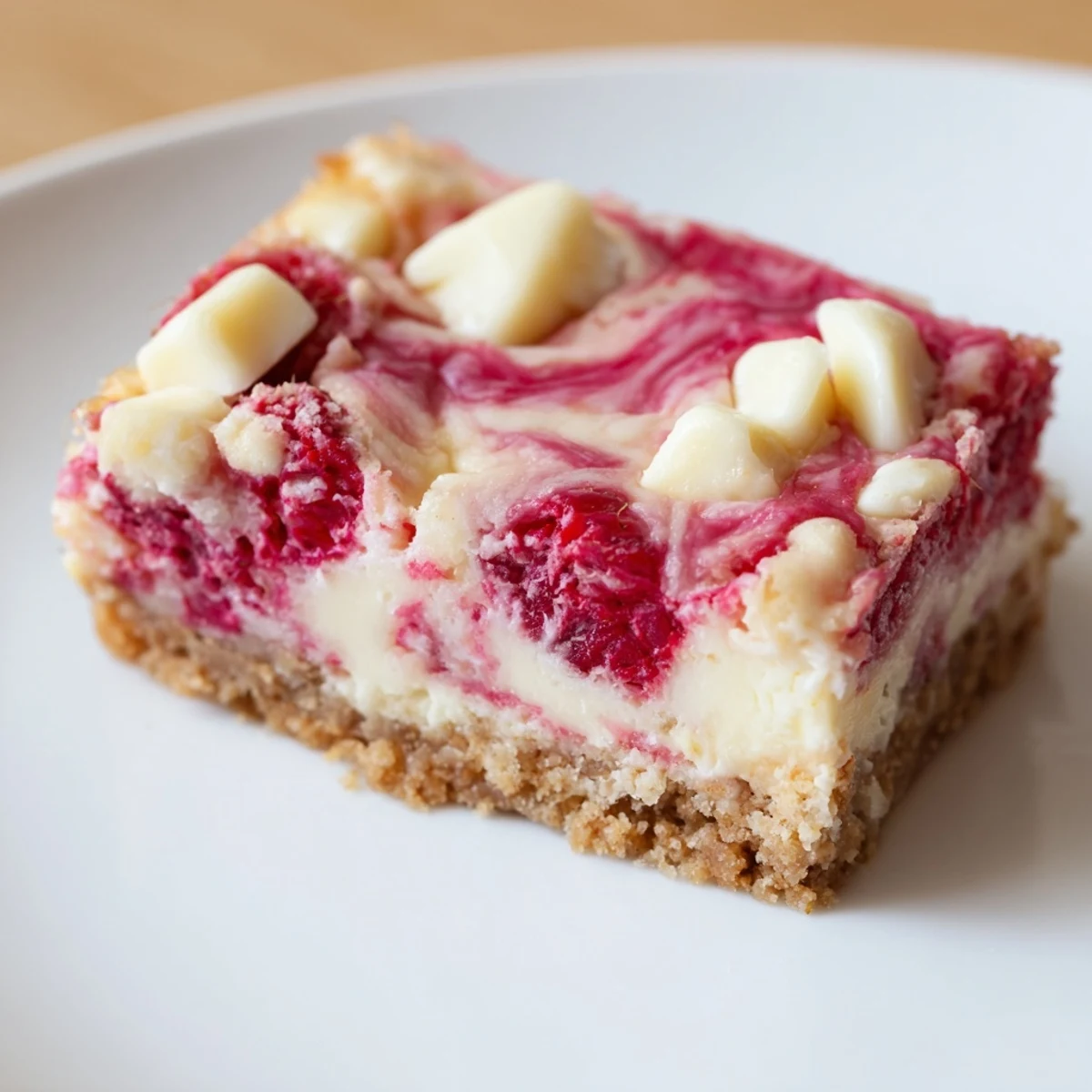 Creamy raspberry white chocolate cheesecake bars with a golden graham cracker crust on a marble slab.
