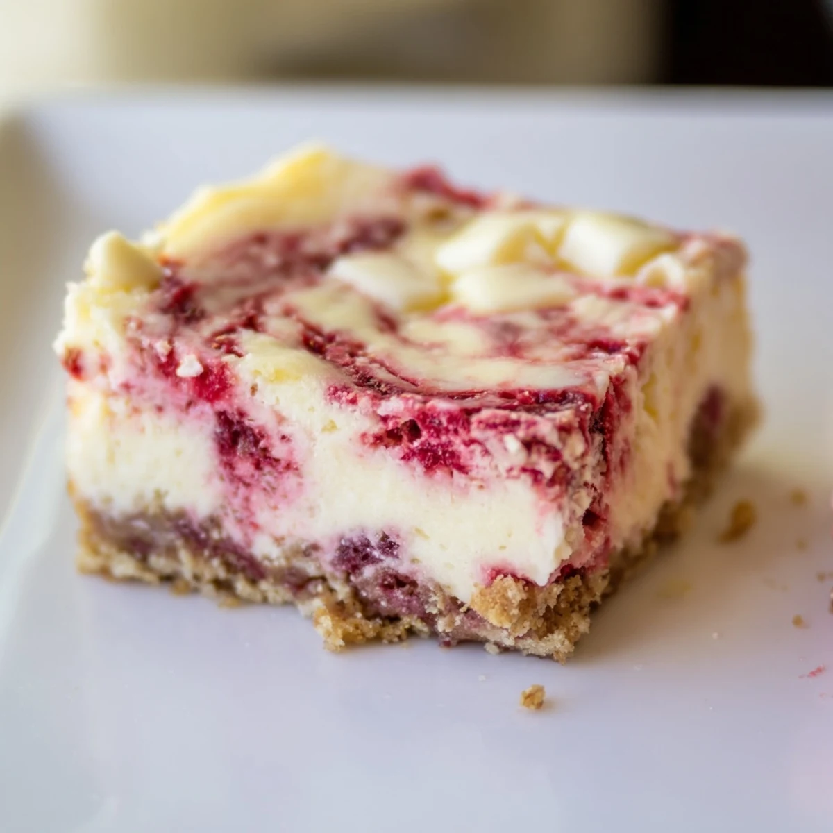 Swirled raspberry ribbons and white chocolate chunks top these rich cheesecake bars, ready to slice and serve.