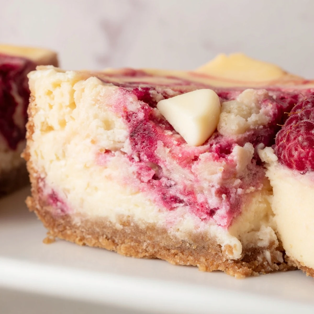 Fresh raspberries and white chocolate cheesecake bars sit on a plate with a drizzle of berry sauce.