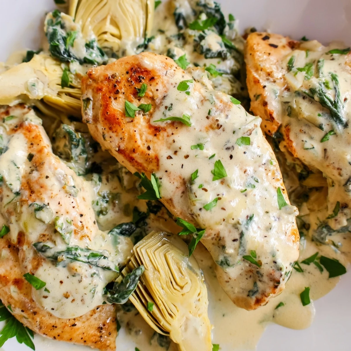 Creamy Spinach and Artichoke Chicken Skillet served hot from the pan with rich, cheesy sauce spooned over golden seared chicken breasts.
