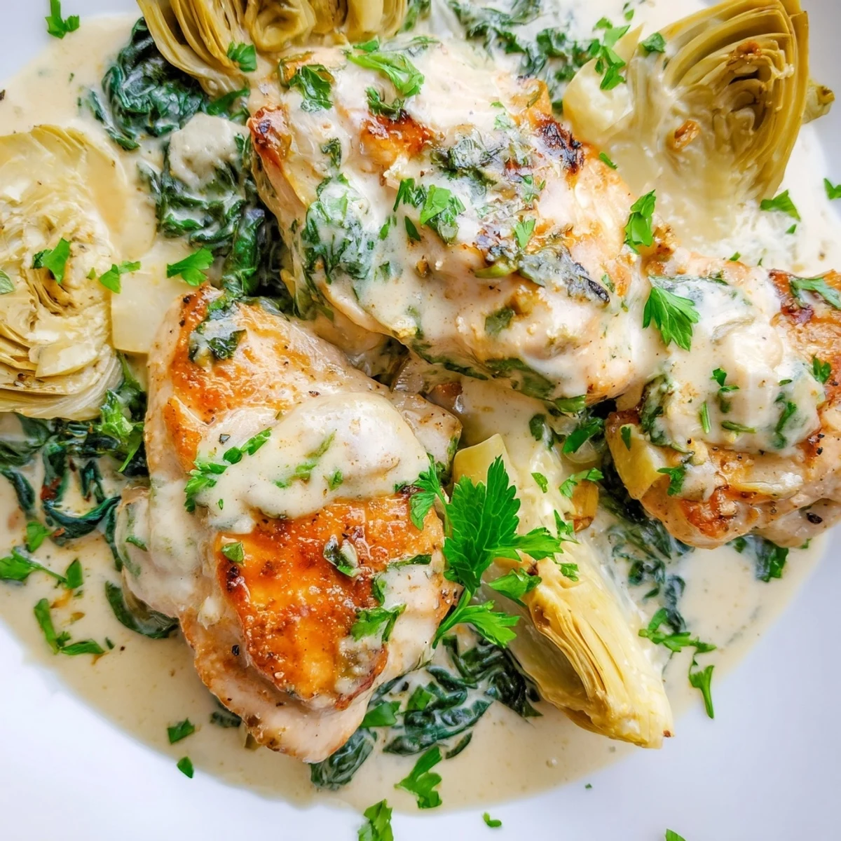 Sizzling Creamy Spinach and Artichoke Chicken Skillet plated with chopped parsley and ready to serve alongside rice or crusty bread.