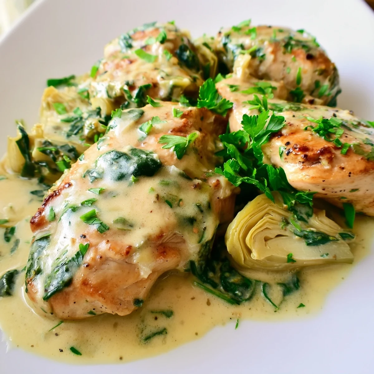 Tender chicken simmered in a luscious Creamy Spinach and Artichoke Chicken Skillet with wilted greens and savory artichoke hearts.