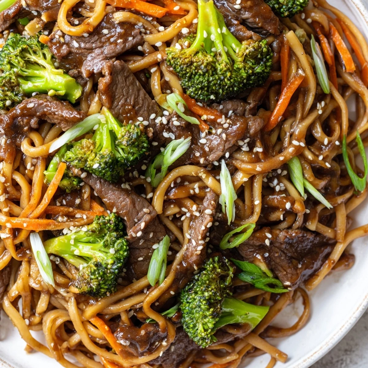 Beef and Broccoli Lo Mein with Sesame Oil features tender beef strips and crisp broccoli florets glistening in a savory brown sauce.