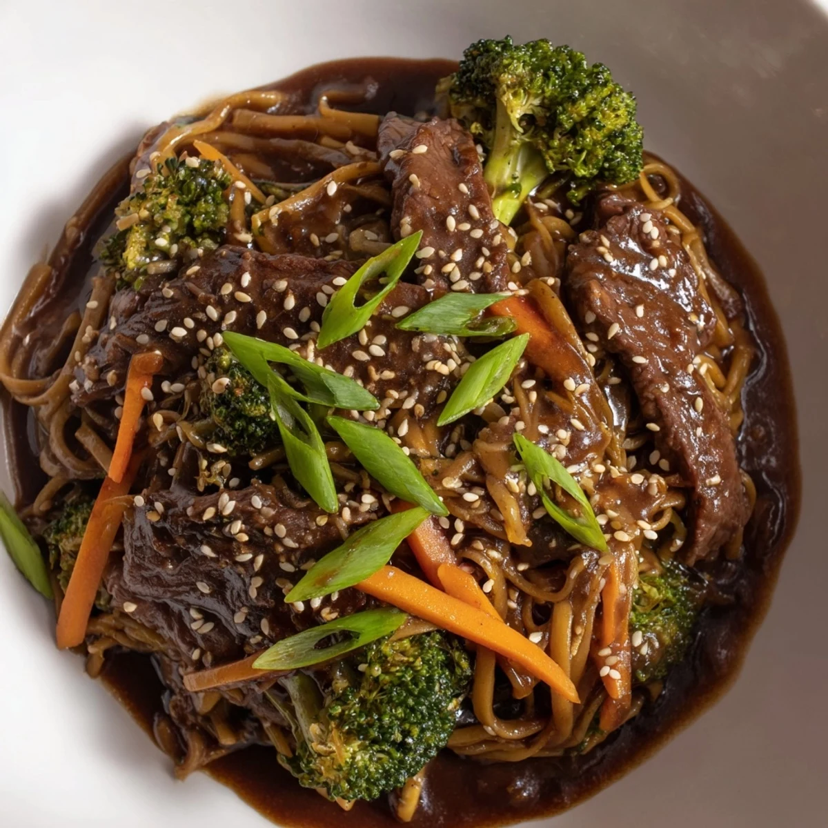 A close-up of Beef and Broccoli Lo Mein with Sesame Oil, showcasing savory noodles, tender beef, and fresh green onions garnish.
