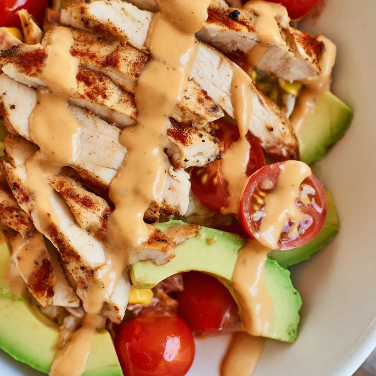 Grilled chicken rests on a vibrant Southwest Chicken Salad, drizzled with creamy Chipotle Lime Dressing and topped with fresh cilantro.