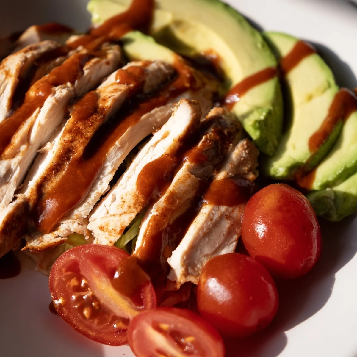 A plated Southwest Chicken Salad with Chipotle Lime Dressing features juicy grilled chicken slices, avocado, and black beans.