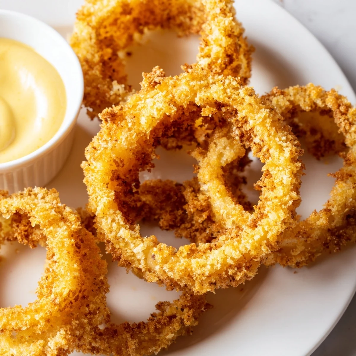 Crispy Air Fryer Onion Rings with Burger Sauce served golden and crunchy on a plate next to a small dipping bowl.