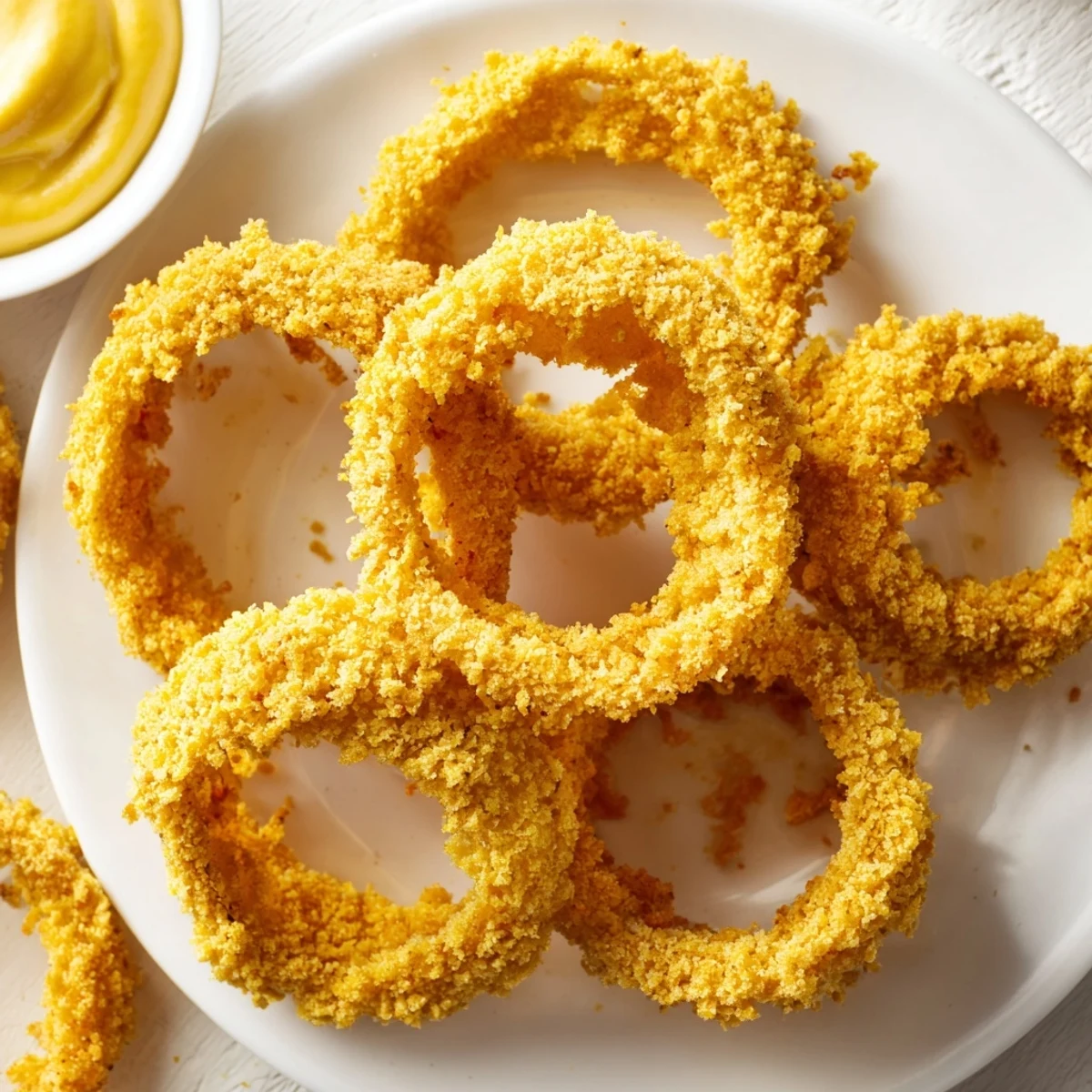 A basket of Crispy Air Fryer Onion Rings with Burger Sauce, paired with a cheeseburger and pickles for a complete meal.