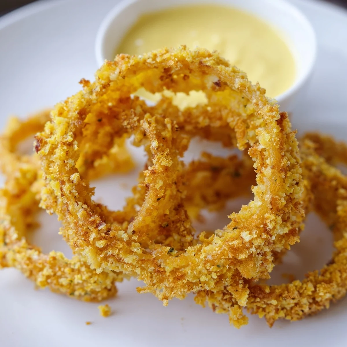 Overhead view of Crispy Air Fryer Onion Rings with Burger Sauce, showing the golden breading and tangy, creamy dipping sauce.