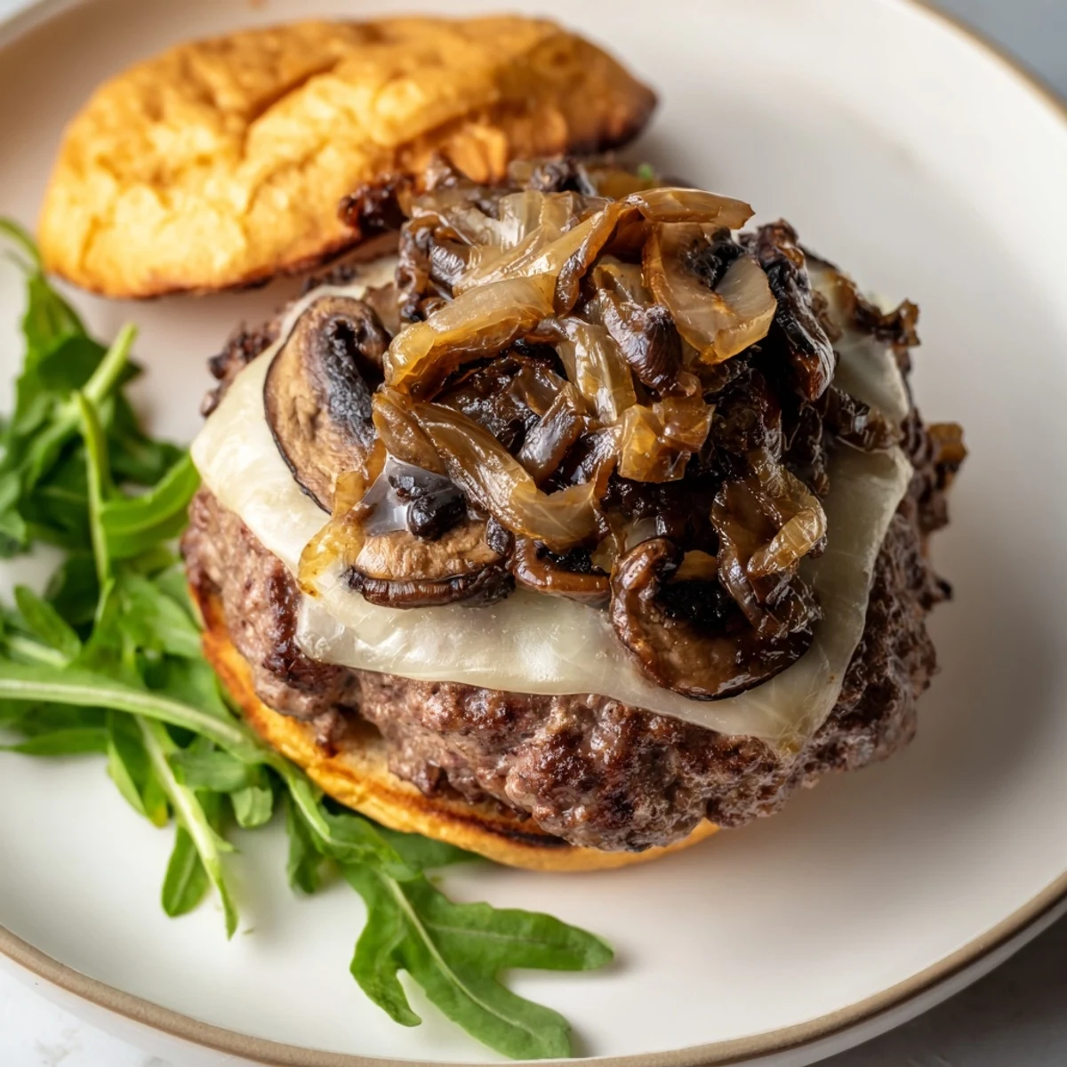 A gourmet Mushroom and Swiss Burger featuring a juicy beef patty topped with sautéed mushrooms, Swiss cheese, and sweet caramelized onions on a toasted bun.
