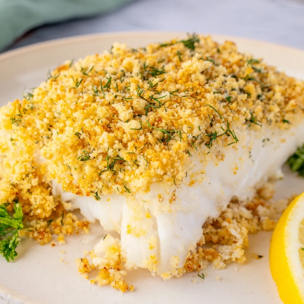 Freshly baked Baked Cod with Lemon Herb Panko Crumb fillets flake easily with a fork, revealing moist white meat under the crust.