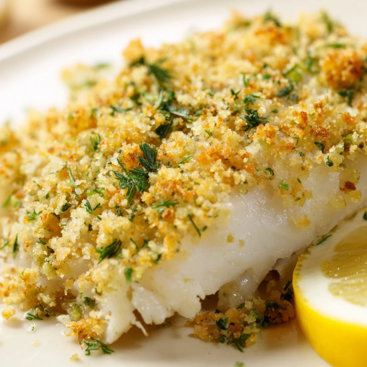 Golden-brown Baked Cod with Lemon Herb Panko Crumb fillets on a baking sheet, topped with crispy crumbs and fresh green herbs.