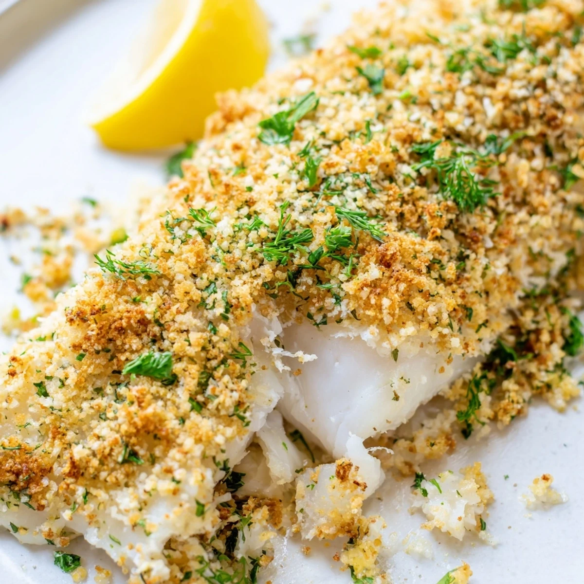 Plated Baked Cod with Lemon Herb Panko Crumb served alongside bright lemon wedges, a green salad, and fluffy white rice.