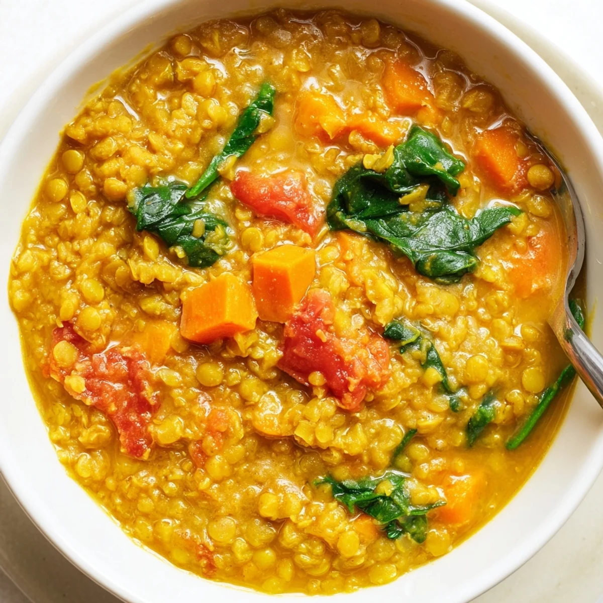 Creamy Coconut Curry Lentil Soup with Spinach in a rustic bowl, garnished with cilantro and a lime wedge.