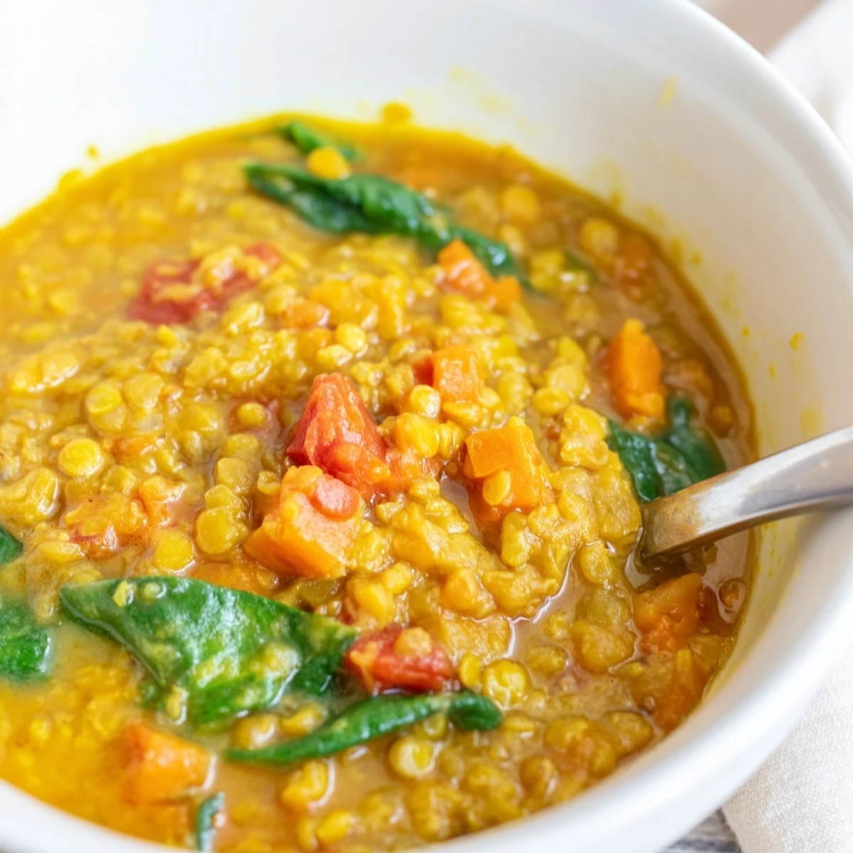 A bowl of Coconut Curry Lentil Soup with Spinach topped with fresh cilantro and lime, served beside naan.