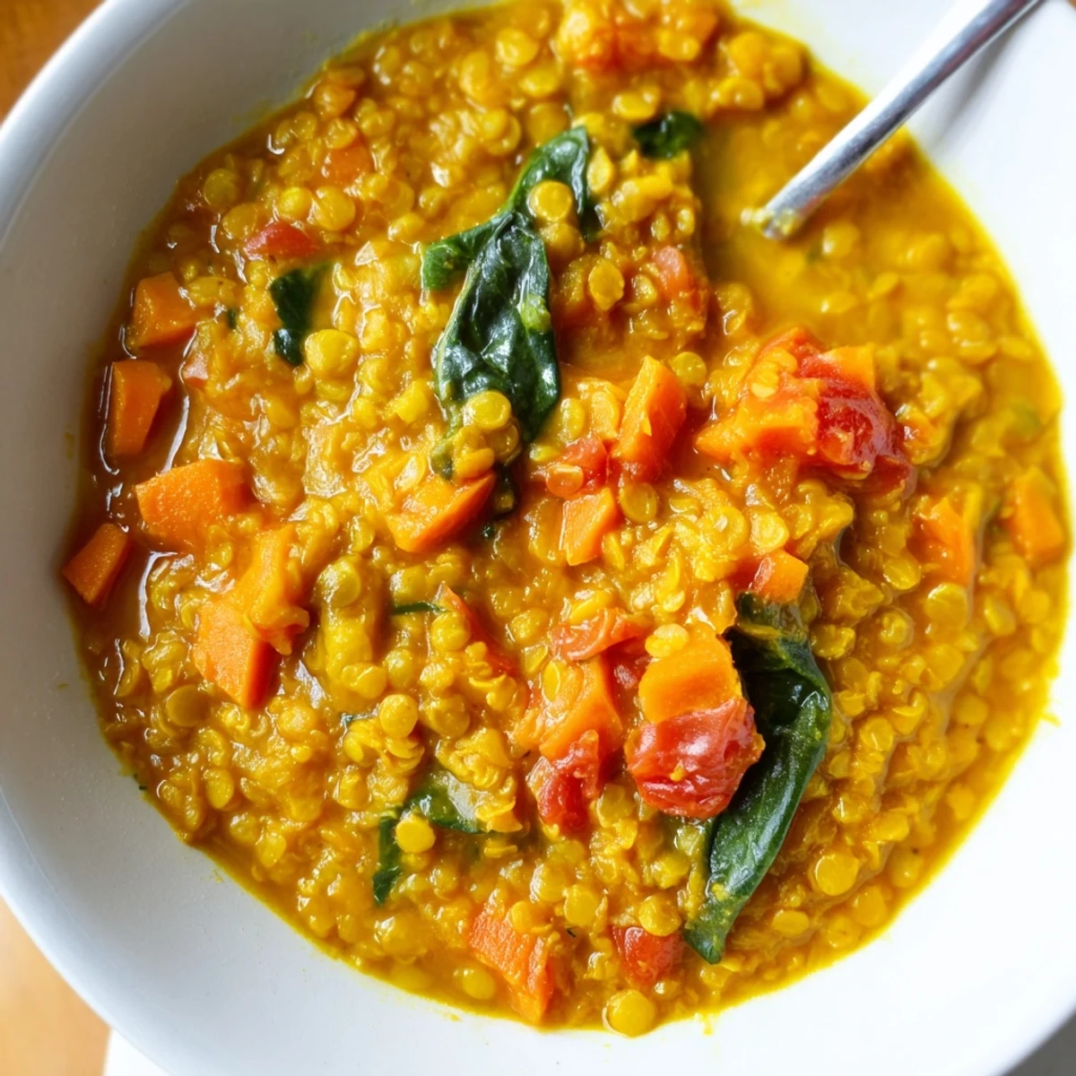 Vibrant red lentils, coconut milk, and wilted spinach create a warm, fragrant bowl of Coconut Curry Lentil Soup.