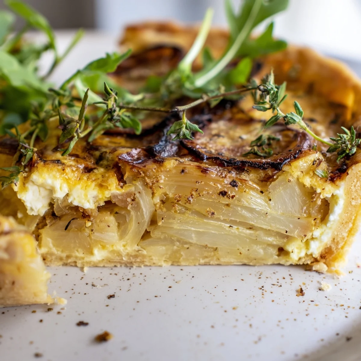 Golden, flaky pastry holds a Caramelized Onion and Goats Cheese Tart, topped with fresh thyme and arugula.