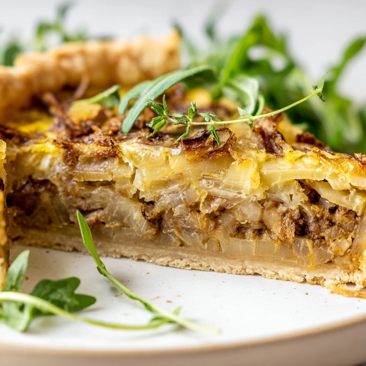 Warm Caramelized Onion and Goats Cheese Tart sits beside a green salad for a delicious vegetarian meal.