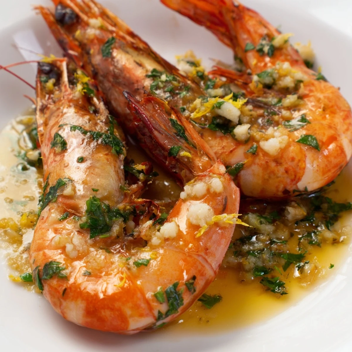 Golden sautéed Lemon Garlic Butter Prawns served over steamed rice with a side of crusty bread.