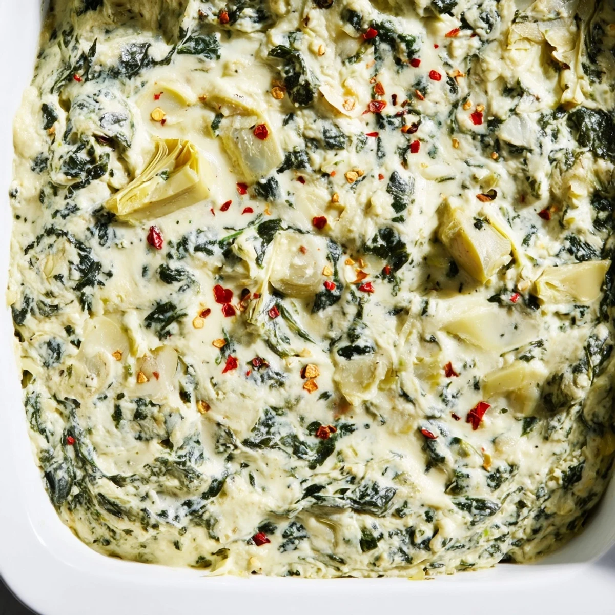 Freshly baked Spinach and Artichoke Dip bubbling with melted mozzarella, alongside crisp cucumber slices and radishes on a wooden board.