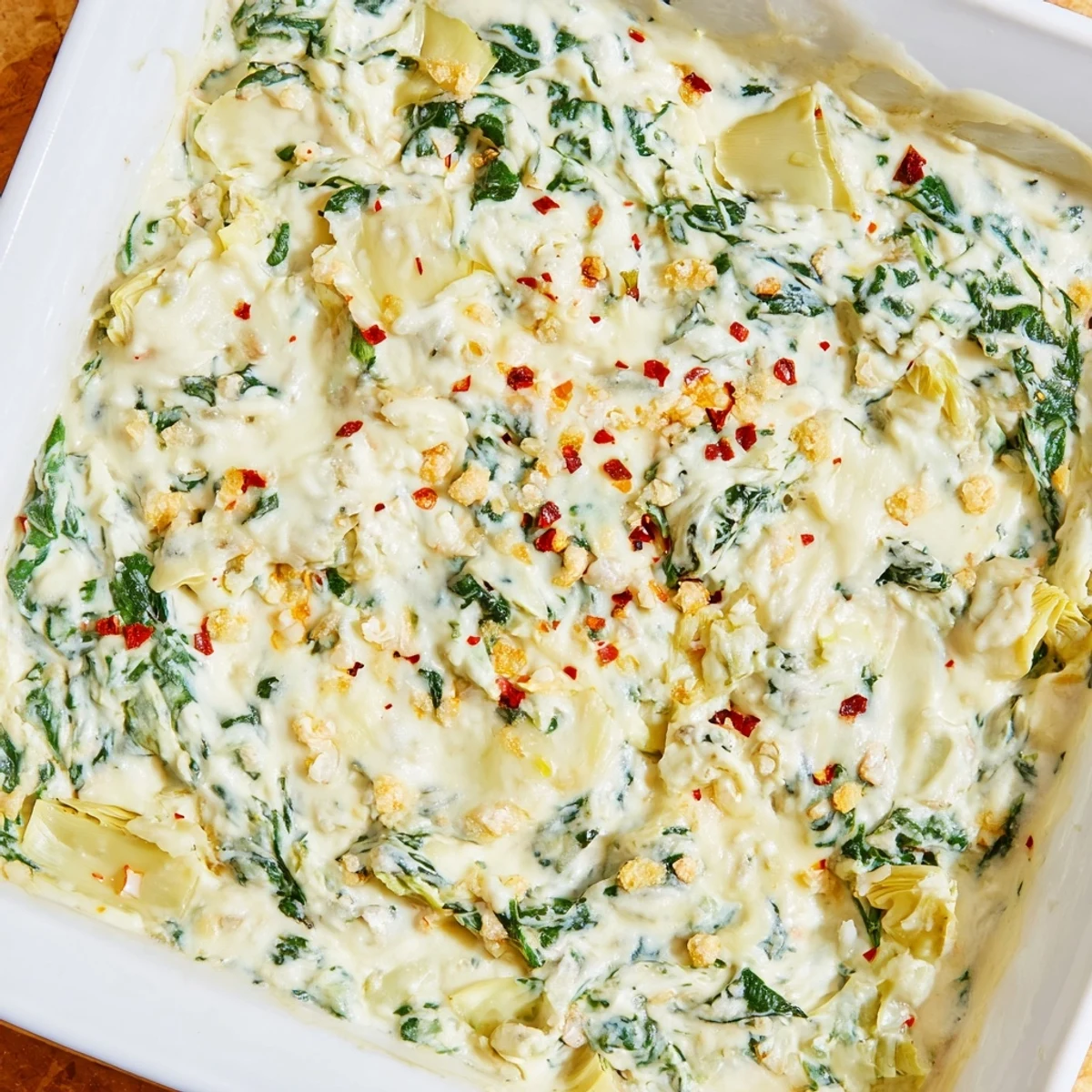 Golden brown Spinach and Artichoke Dip served from a baking dish, paired with vibrant crudités and a glass of white wine.
