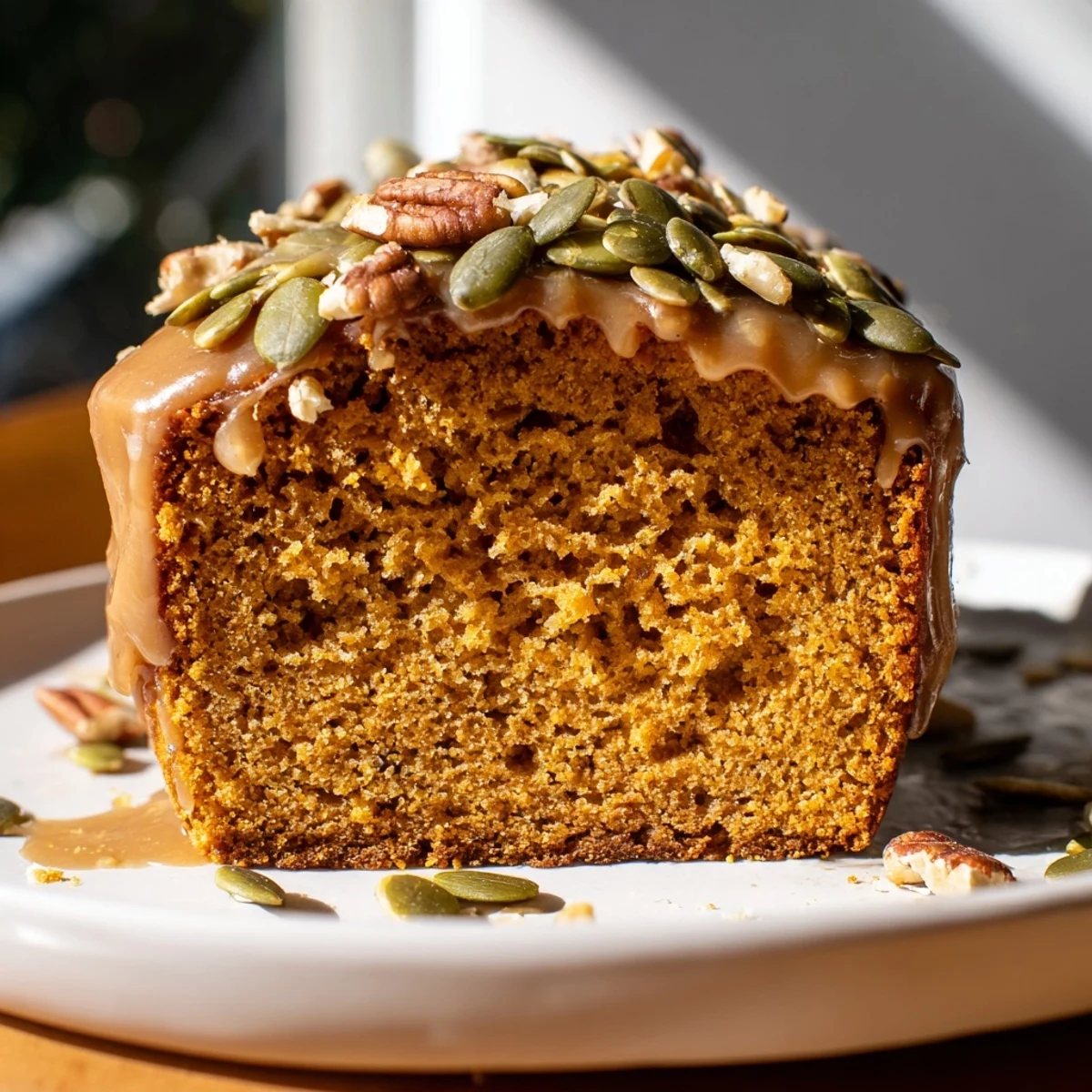 Moist, tender crumb slice of Spiced Pumpkin Latte Loaf Cake on a plate with a warm latte.
