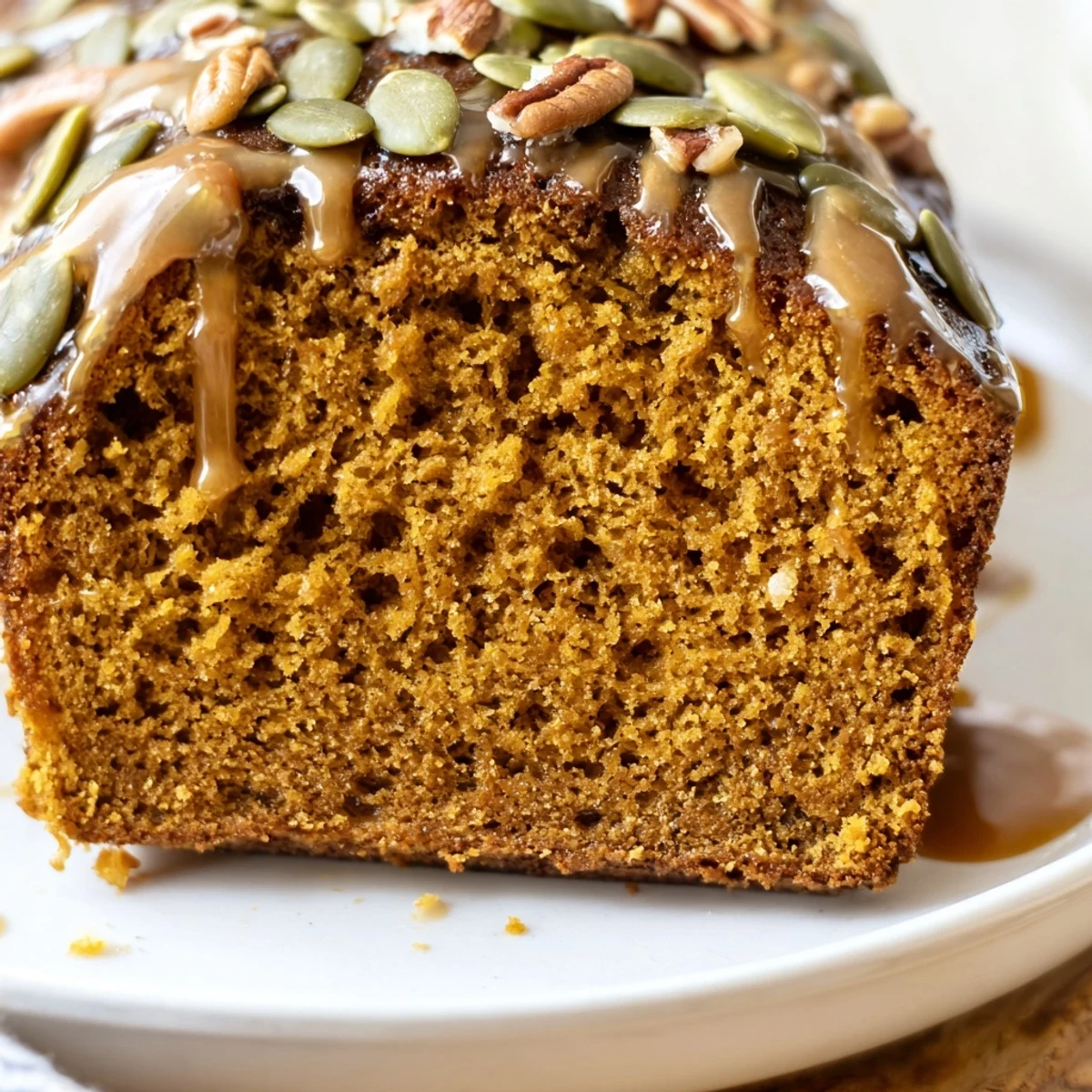 Freshly baked Spiced Pumpkin Latte Loaf Cake with a golden-brown crust and toasted pumpkin seeds on top.