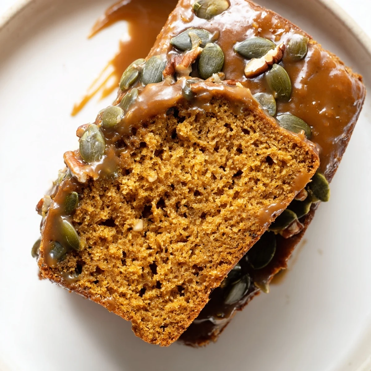 Fall-themed Spiced Pumpkin Latte Loaf Cake drizzled with coffee glaze, served beside a steaming mug.