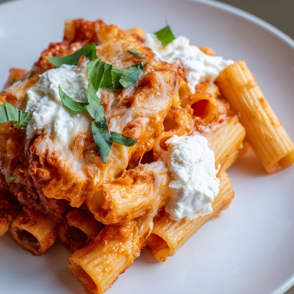 Tender ziti noodles coated in creamy ricotta and tangy marinara, baked until bubbling in a family-style dish.