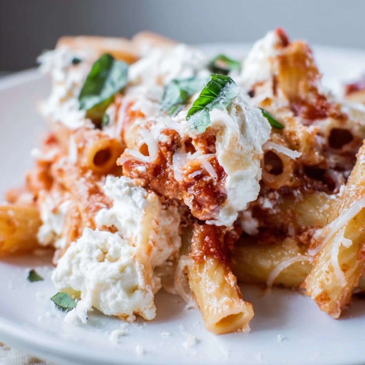 Steam rises from a scoop of cheesy baked ziti with ricotta, served alongside fresh garlic bread.
