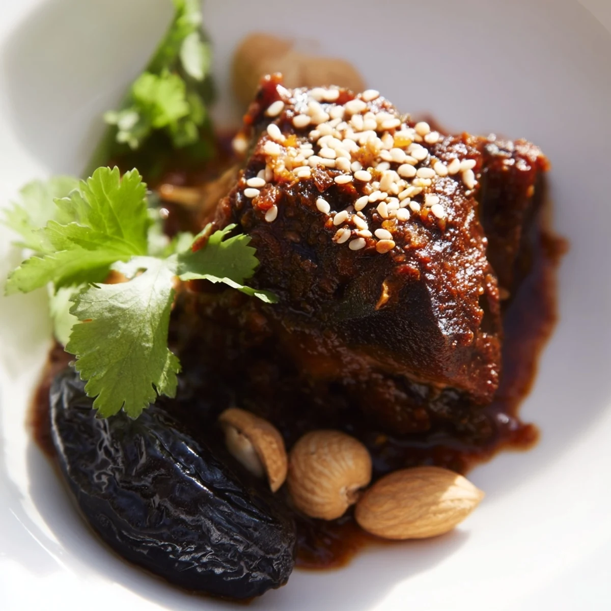 Golden Slow Cooked Lamb Tagine with Prunes bubbling with spices, almonds, and sesame seeds in a cast-iron pot.