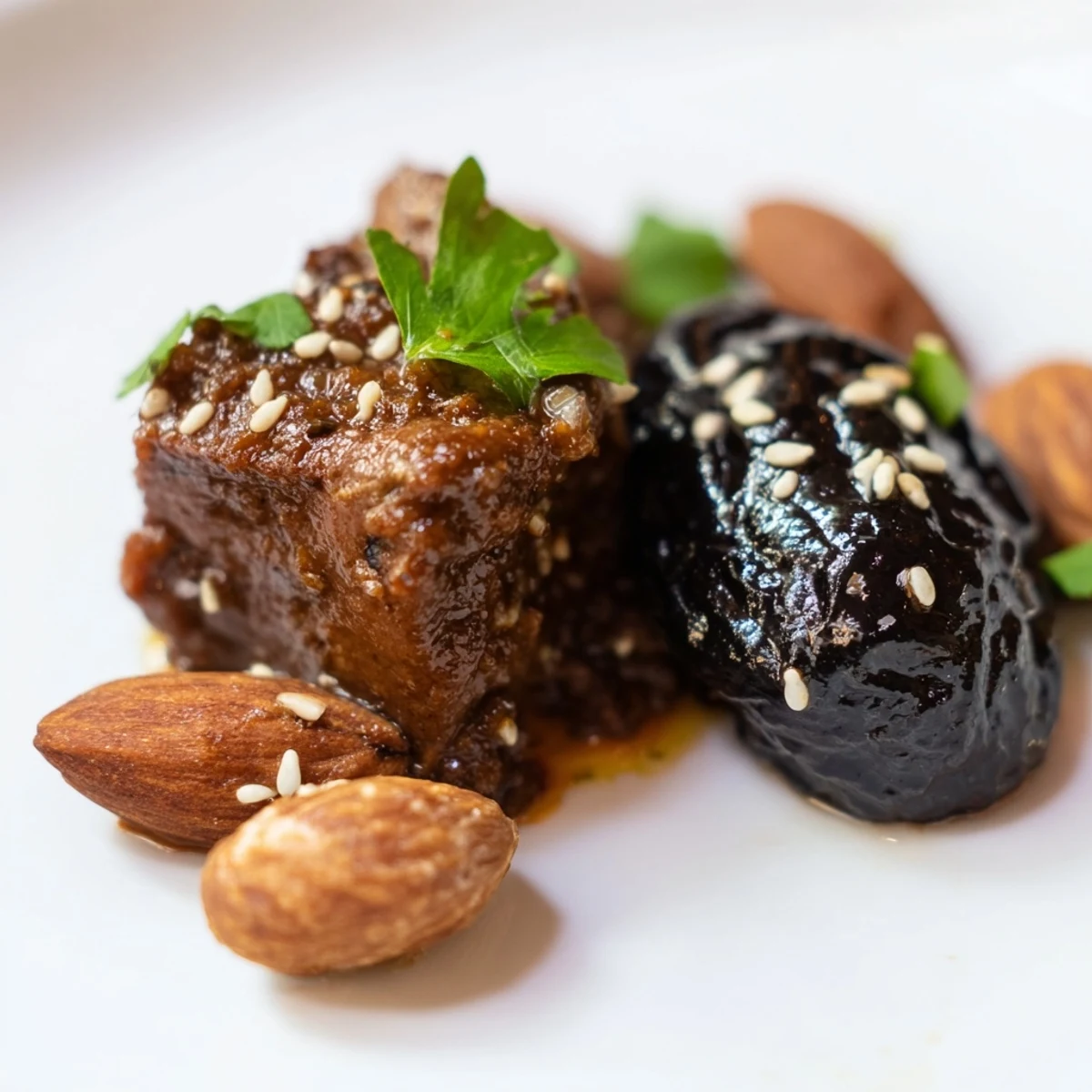 Slow Cooked Lamb Tagine with Prunes steaming in a rustic tagine, garnished with toasted almonds and cilantro.