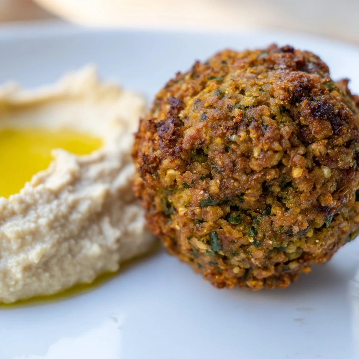 Golden brown Crispy Herb Falafel with Hummus on a plate with fresh toppings.