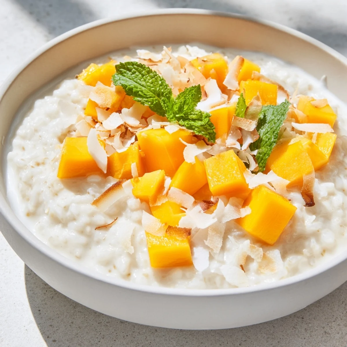 Creamy Coconut Rice Pudding with Mango served warm in a white bowl, topped with bright diced mango and fresh mint leaves.