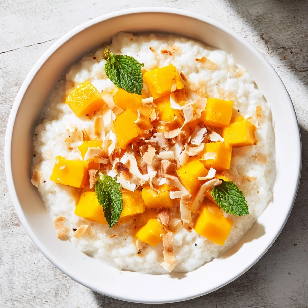 A tropical dessert bowl of Creamy Coconut Rice Pudding with Mango, drizzled with coconut milk and ready to enjoy as a sweet treat.