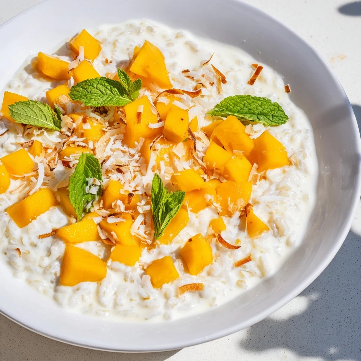Close-up of luscious Creamy Coconut Rice Pudding with Mango, featuring toasted coconut flakes and soft, tender grains on a rustic wooden table.