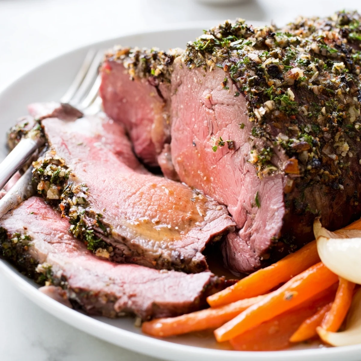 Juicy Herb Crusted Roast Beef Topside sits on a bed of vegetables, steam rising from the golden crust.