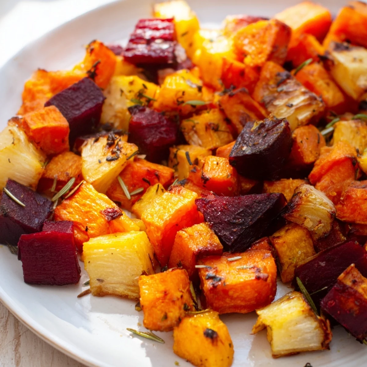 Golden brown Roasted Root Vegetable Medley with Rosemary on a baking sheet, caramelized edges glistening with olive oil and herbs.