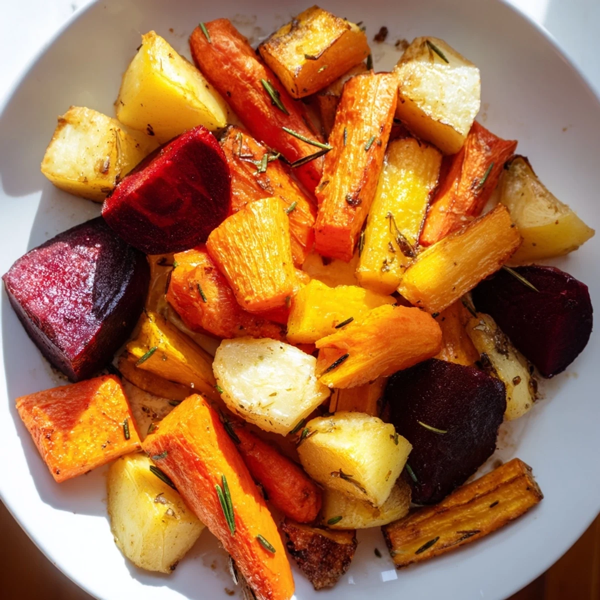 A rustic serving dish of Roasted Root Vegetable Medley with Rosemary, bright carrots and beets alongside tender potatoes, ready for dinner.